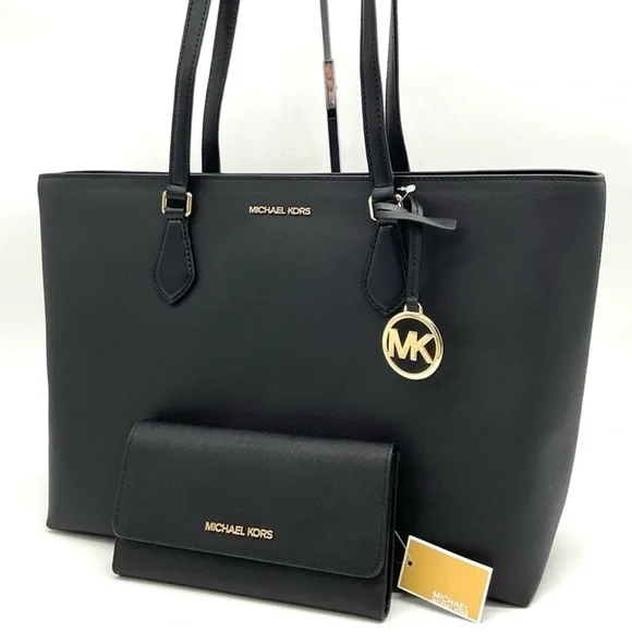 Michael Kors Bag Large Sheila Mf Tote Bag & Large Trifold Wallet Black/Gold - Picture 3 of 14